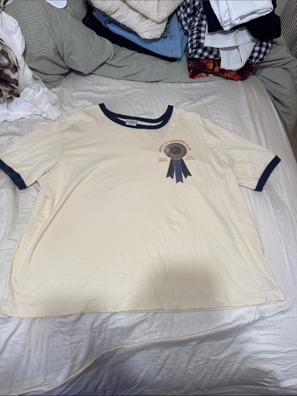 Lee Cream Ringer Tee with Navy Trim and Ribbon Graphic